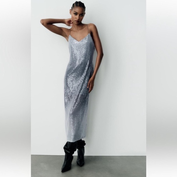 ZARA ~ Women's Blue and Silver Dress - Picture 7 of 16